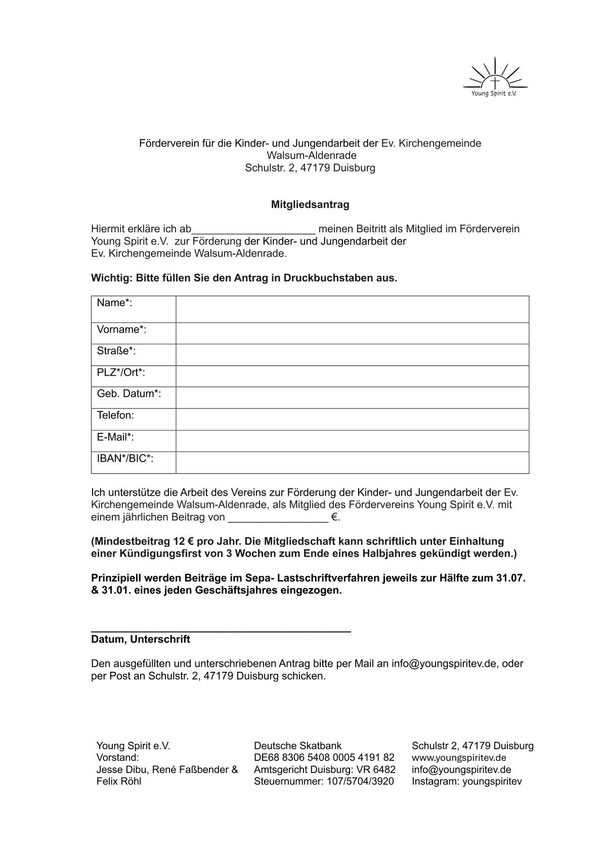 Mitgliedsantrag für den Jugendförderverein Young Spirit e.V.